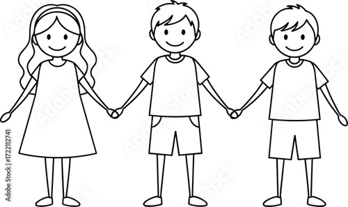 Three happy stick figure children, a girl and two boys, standing together and holding hands, a black and white line art illustration of friendship and unity.