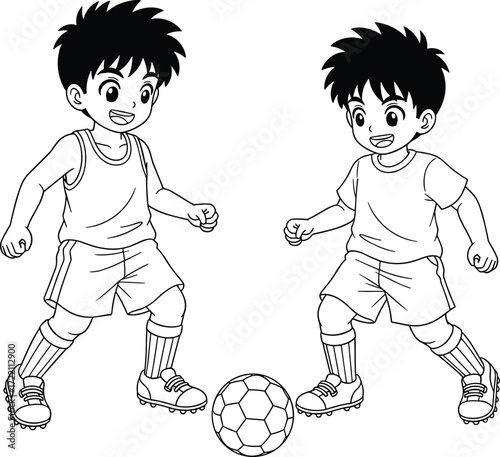Two cheerful boys playing soccer, a fun and lively cartoon illustration capturing teamwork, friendship, and children's sports activities.