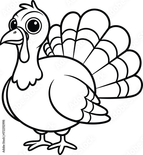 A cartoon turkey, with a happy expression and ruffled feathers, stands isolated against a white background, ready for Thanksgiving.