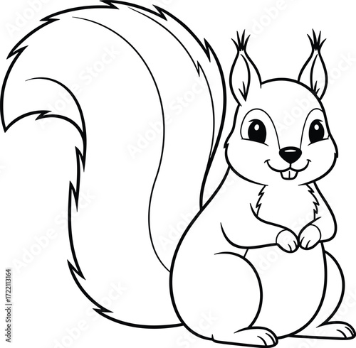 Cute cartoon squirrel illustration, adorable woodland animal drawing, vector art for kids coloring book, forest wildlife design, playful rodent character clipart