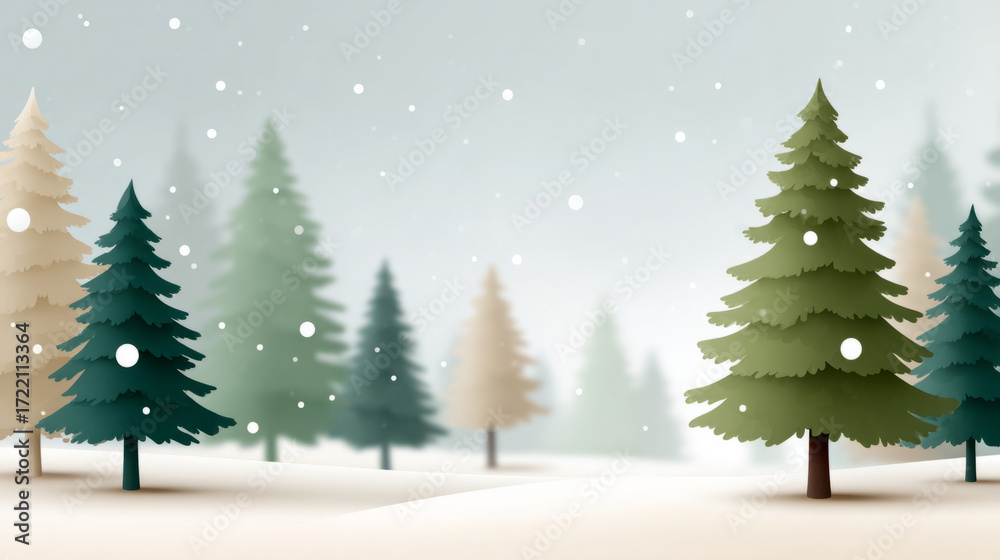 Fototapeta premium Snowy pine forest in winter wonderland with falling snowflakes