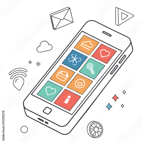 Isometric Line Art Smartphone with App Icons Modern Technology Concept.