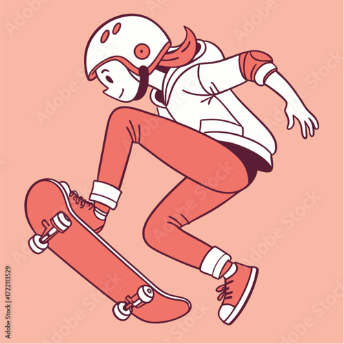 Cartoon girl in helmet and pads skateboarding mid-air performing a jump trick.