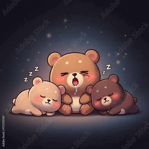 Sleeping bears cartoon illustration with zzzs and stars in the background image design