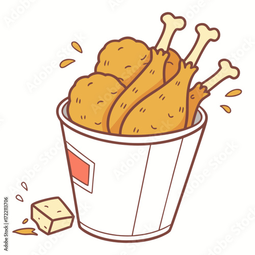 Cartoon Illustration of a Bucket Filled with Crispy Fried Chicken Pieces.