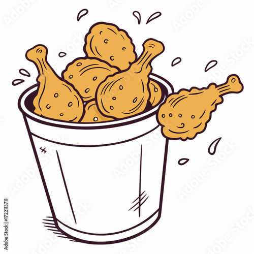 Cartoon Bucket Filled with Crispy Fried Chicken Drumsticks and Nuggets.