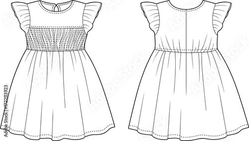 Adorable flutter sleeve smocked baby girl dress fashion flat sketch template front and back view vector clothing design illustration mockup