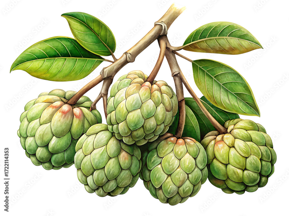 Fototapeta premium Illustration of custard apple branch with green leaves and fruits isolated on transparent background, botanical drawing