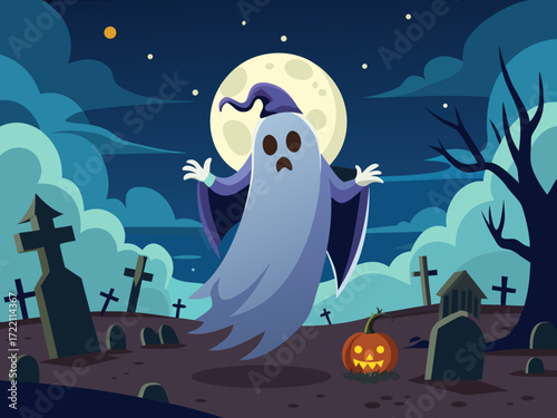 Scary ghost with glowing eyes flying over graveyard tombstones