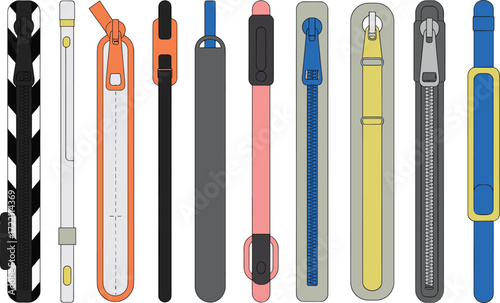 Colorful zipper collection set with modern fashion accessories, clothing design elements, textile fastener illustrations for apparel, garment detail, sewing template