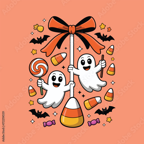 Smiling Ghosts Holding Halloween Sweets And Pumpkins Together  