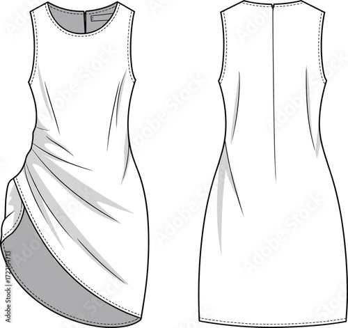 Elegant sleeveless asymmetrical draped women dress fashion flat sketch template front and back view vector apparel design illustration mockup