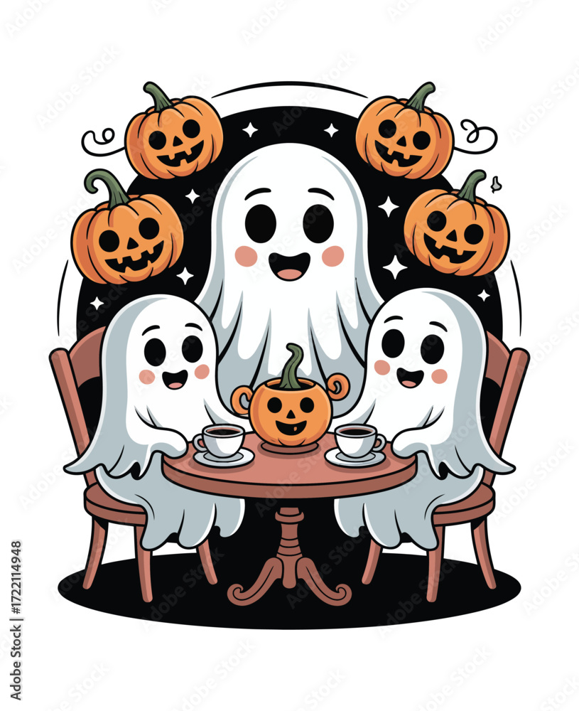 Fototapeta premium Spooky Dinner With Friendly Ghosts And Candy Pumpkin Feast 