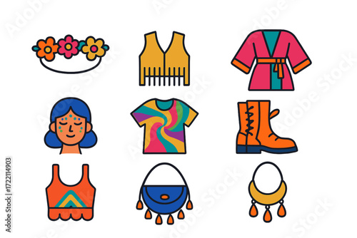 Festival Fashion Icons. Flat vector icons of festival fashion: flower crown, fringe vest, kimono robe, lace-up boots, glitter face