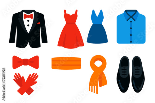 Formal Wear Icons. Flat vector icons of formal and evening wear: tuxedo, evening gown, cocktail dress, bow tie, cummerbund, dress