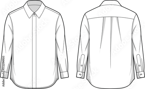 Front and back view of long sleeve button up dress shirt fashion flat sketch with collar, cuffs, yoke and pleat design