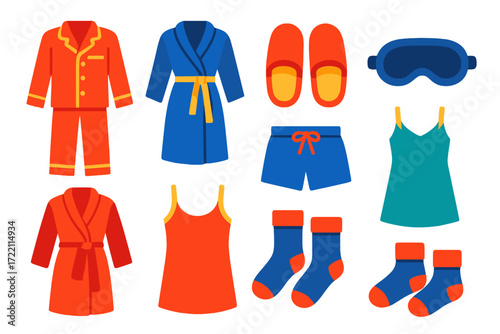 Bold Sleepwear Icons. Flat vector icons of sleep and loungewear: pajama set, robe, slippers, sleep mask, nightgown, lounge shorts,