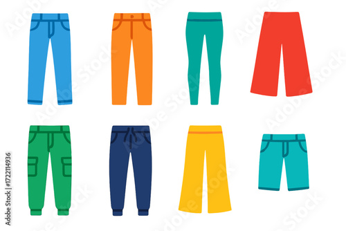 Colorful Pants Icons. Flat vector icons of bottoms and trousers: jeans, chinos, leggings, culottes, cargo pants, joggers, palazzo