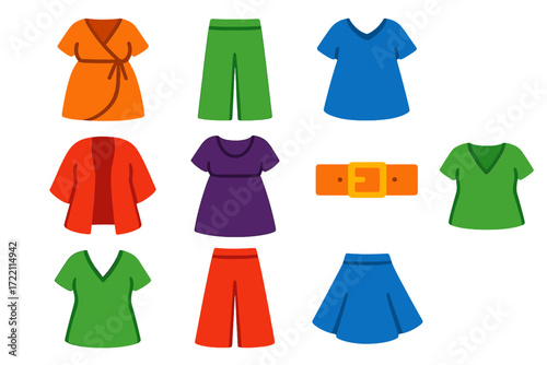 Plus-Size Fashion Icons. Flat vector icons of plus-size fashion: wrap dress, wide-leg pant, tunic top, kimono shrug, empire waist,