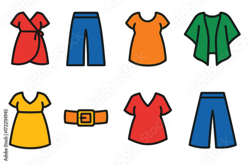 Plus-Size Fashion Icons. Flat vector icons of plus-size fashion: wrap dress, wide-leg pant, tunic top, kimono shrug, empire waist,