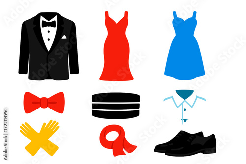 Formal Wear Icons. Flat vector icons of formal and evening wear: tuxedo, evening gown, cocktail dress, bow tie, cummerbund, dress