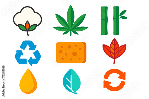 Sustainable Material Icons. Flat vector icons of sustainable materials: organic cotton boll, hemp leaf, bamboo stalk, recycled