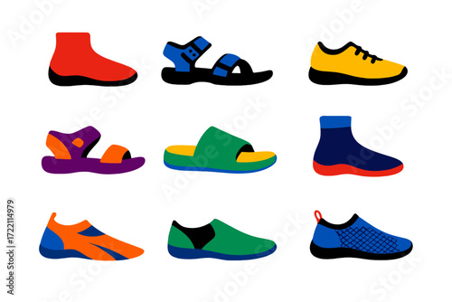 Water Shoes Icons. Flat vector icons of water shoes: aqua sock, reef sandal, water sneaker, slip-resistant sandal, pool slide,