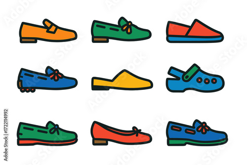 Colorful Shoe Icons. Flat vector icons of casual slip-ons: loafer, moccasin, espadrille, driving shoe, mule, clog, boat shoe,