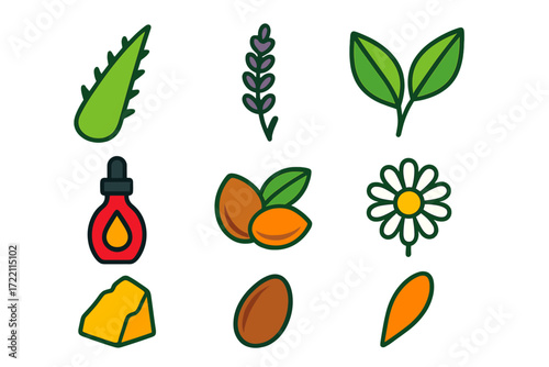 Organic Beauty Icons. Flat vector icons of organic beauty: aloe leaf, lavender sprig, green tea leaf, rosehip oil, argan nut,