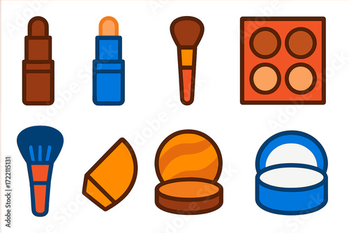 Bold Makeup Icons. Flat vector icons of contouring makeup: contour stick, highlight stick, blending brush, contour palette, powder