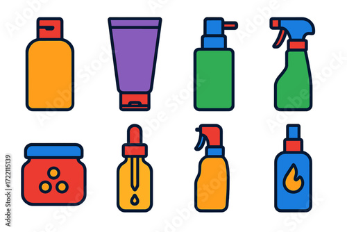 Bold Haircare Icons. Flat vector icons of haircare products: shampoo bottle, conditioner tube, hair mask jar, leave-in spray,