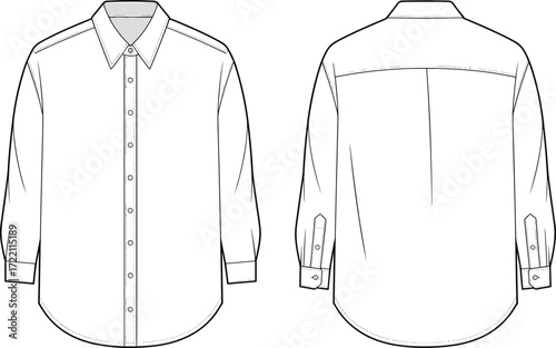Long sleeve men’s dress shirt flat sketch, vector button down shirt with collar, cuff, fashion apparel template front and back view