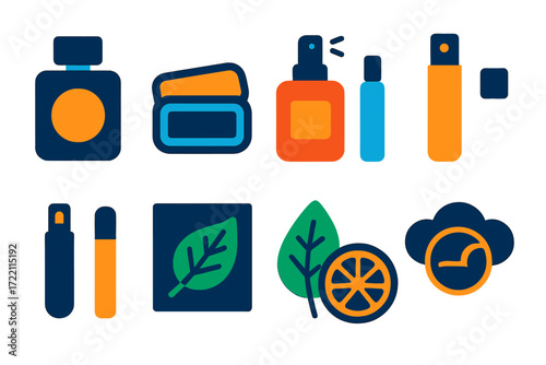 Men's Fragrance Icons. Flat vector icons of men’s fragrance: cologne bottle, solid cologne tin, aftershave splash; rollerball vial