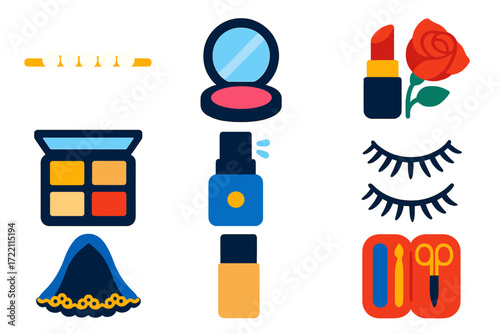 Bridal Beauty Icons. Flat vector icons of bridal beauty: pearl hairpin, blush compact, rose lipstick; highlight palette, setting