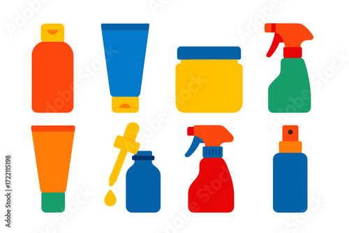 Bold Haircare Icons. Flat vector icons of haircare products: shampoo bottle, conditioner tube, hair mask jar, leave-in spray,