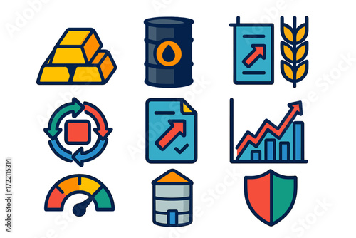 Commodity Investment Icons. Flat vector icons of commodity investing: gold bar, oil barrel, wheat stalk; commodity exchange,