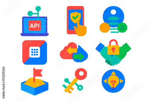 Open Banking Icons. Flat vector icons of open banking: API portal, data consent, account aggregation; third-party app, sandbox
