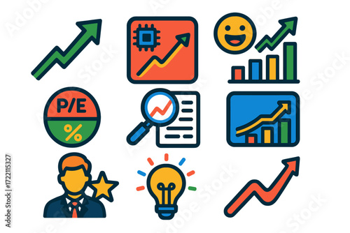 Modern Investment Icons. Flat vector icons of growth investing: growth arrow, tech stock, earnings surprise; PEG ratio,