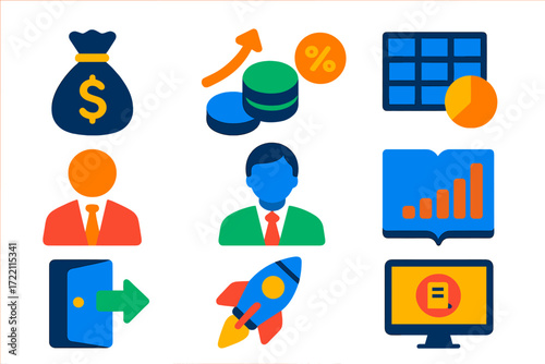 Venture Capital Icons. Flat vector icons of venture capital investing: VC fund, series A round, cap table; limited partner,