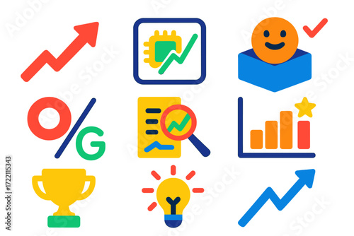 Modern Investment Icons. Flat vector icons of growth investing: growth arrow, tech stock, earnings surprise; PEG ratio,