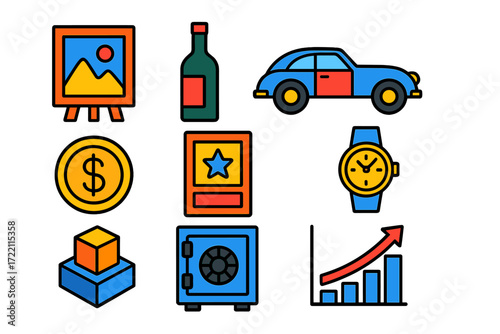 Alternative Investment Icons. Flat vector icons of alternative investments: art painting, wine bottle, classic car; rare coin,
