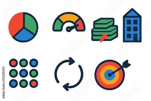 Diversified Portfolio Icons. Flat vector icons of portfolio diversification: pie chart, risk gauge, asset classes; stocks pile,