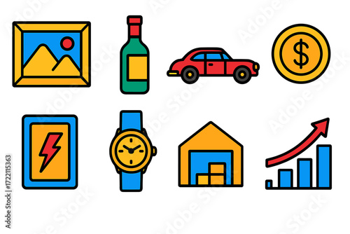 Alternative Investment Icons. Flat vector icons of alternative investments: art painting, wine bottle, classic car; rare coin,