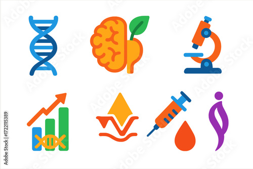 Biotech Stocks Icons. Flat vector icons of biotech stocks: Amgen, Biogen, Illumina; Regeneron, Vertex, Moderna; BioNTech, Gilead,