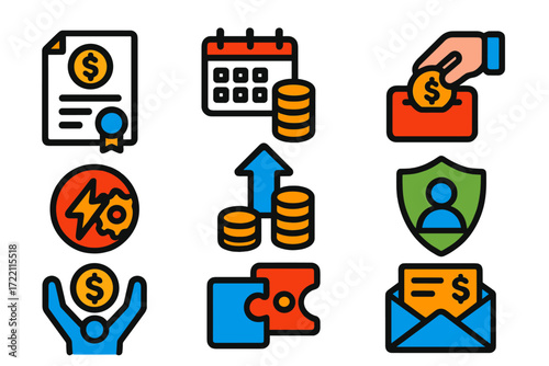 Annuity Icons Set. Flat vector icons of annuity products: annuity contract, payout schedule, premium payment; surrender charge,