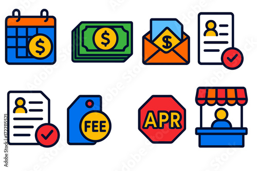 Payday Loan Icons. Flat vector icons of payday loans: payday calendar, cash stack, pay envelope; application form, approval check,