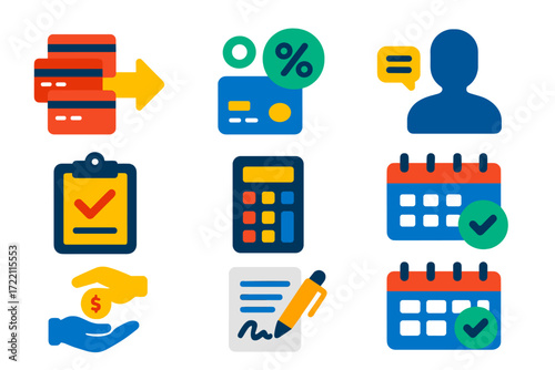 Debt Simplification Icons. Flat vector icons of debt consolidation loans: multiple debts, consolidation arrow, single payment;