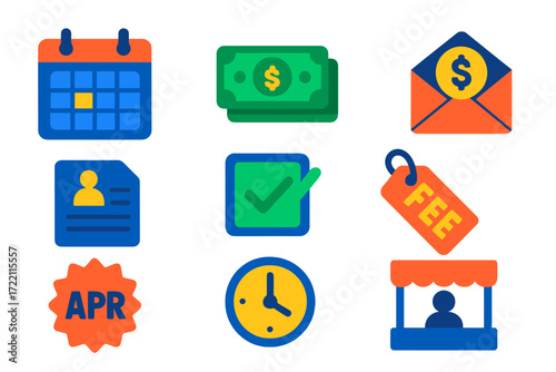 Payday Loan Icons. Flat vector icons of payday loans: payday calendar, cash stack, pay envelope; application form, approval check,