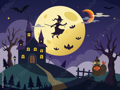Scary night Happy Halloween scene with witches flying on broomsticks across