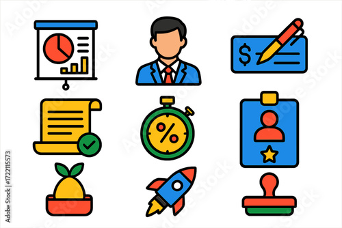 Startup Loan Icon Set. Flat vector icons of startup loans: pitch deck, entrepreneur, small cheque; business plan scroll, interest
